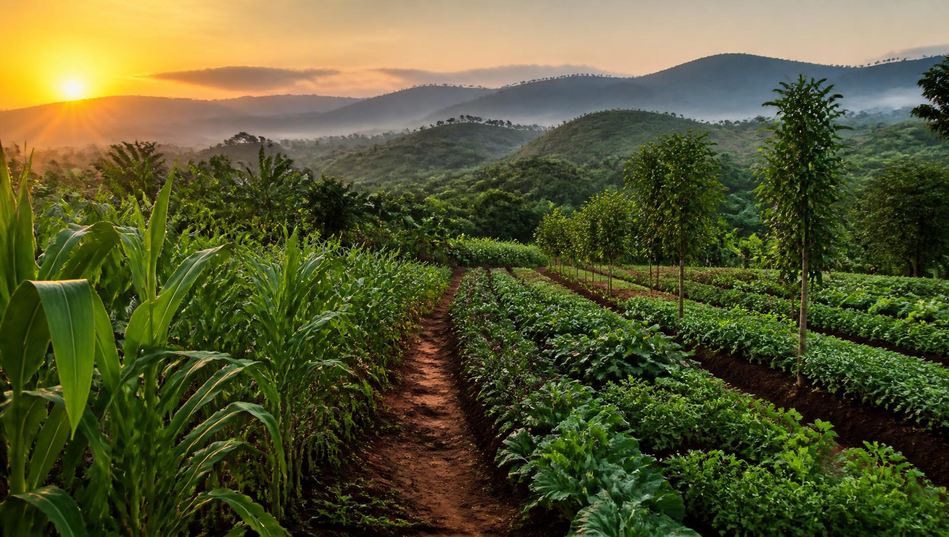 Rows of maize and vegetables on a Ghanaian smallholder farm at sunrise, with young trees along the field edges