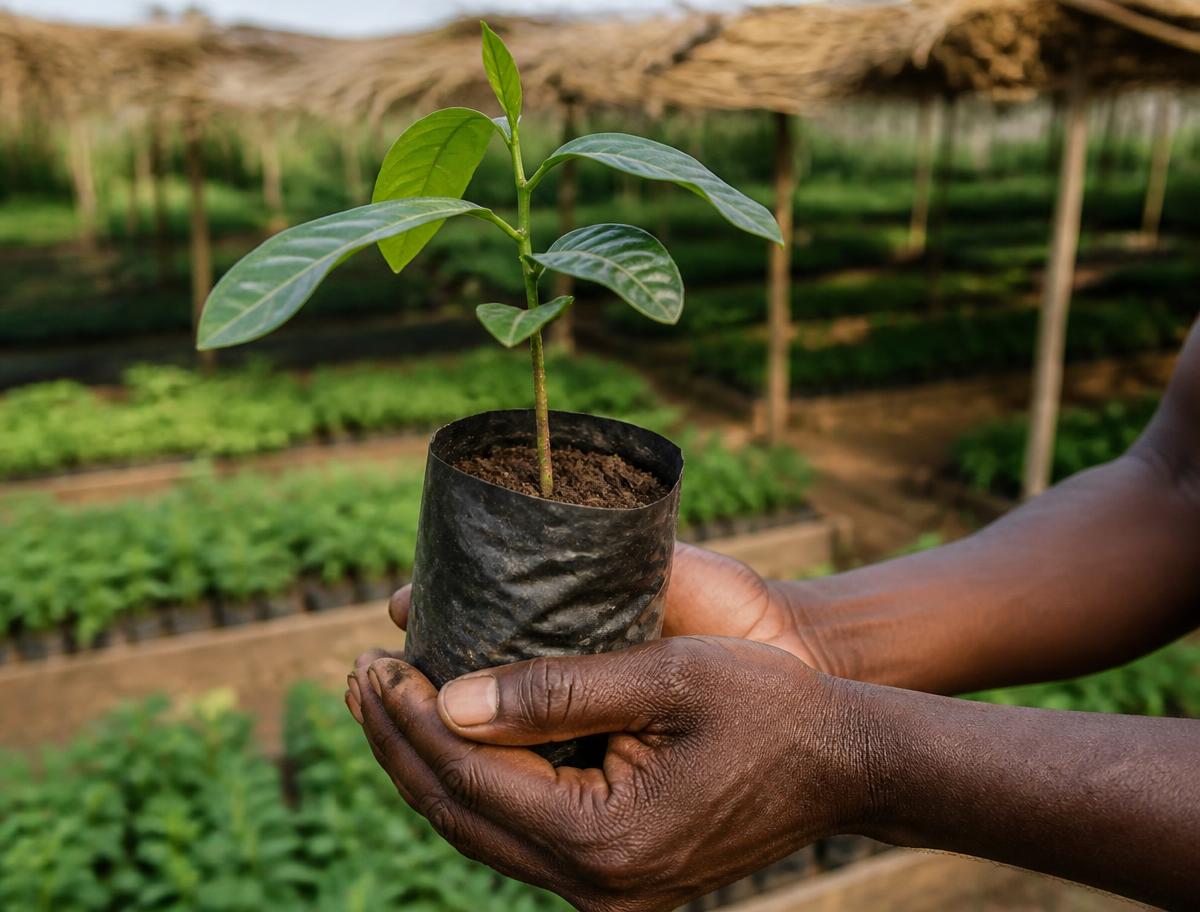 A pair of hands holding a young tree seedling in a nursery bag at a community tree nursery